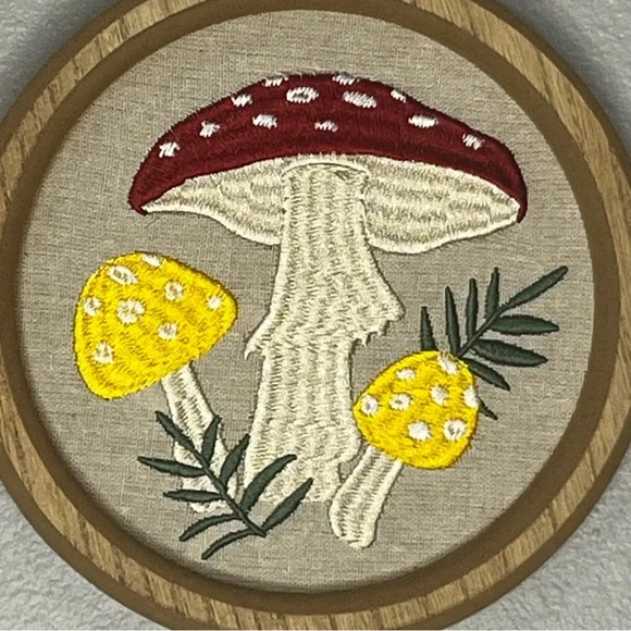 Mushroom Wall Decor Hanging Stitched Framed 8” Boho Cottagecore Farmhouse Hippie - Picture 2 of 5